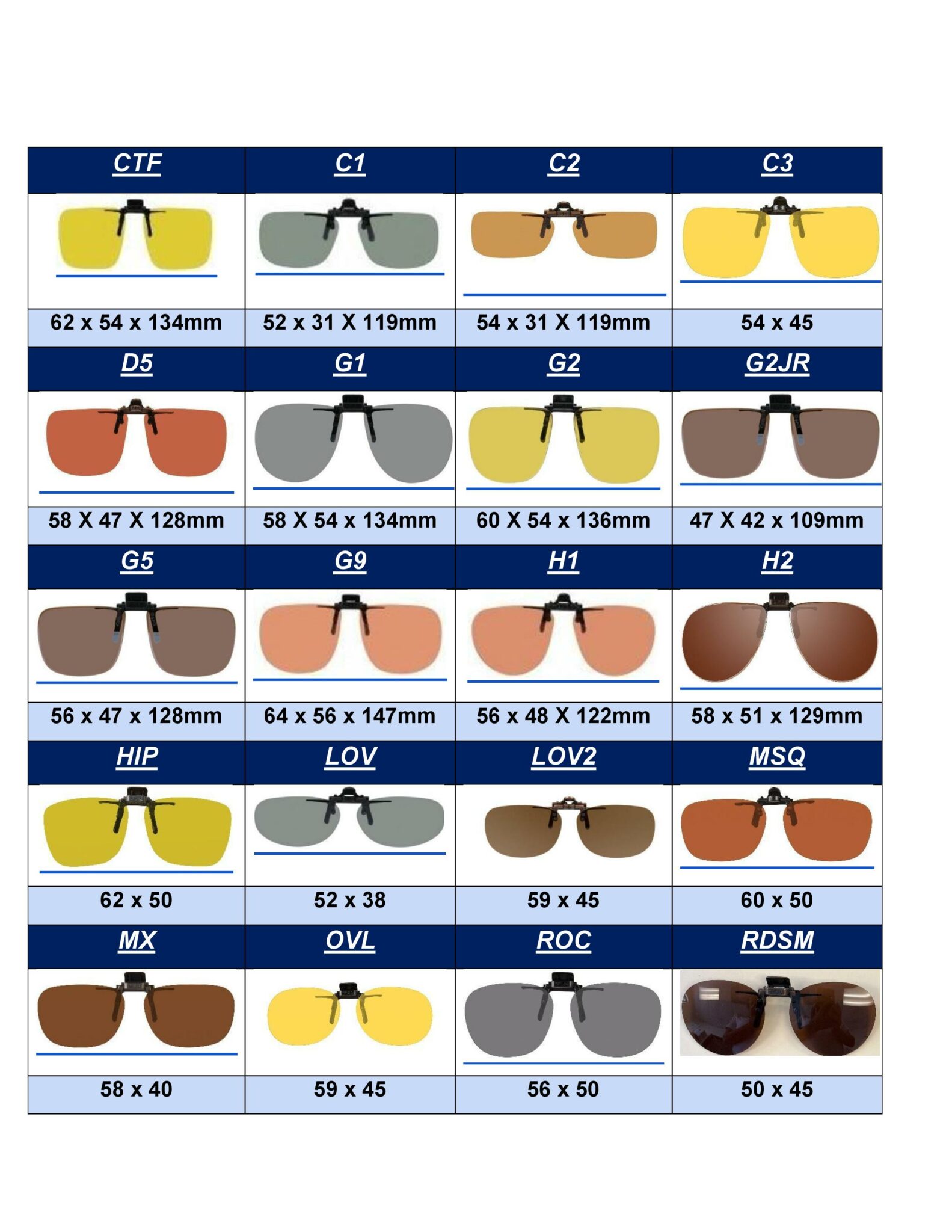 Polarized Clip on Flip up Sizing Chart VS Eyewear