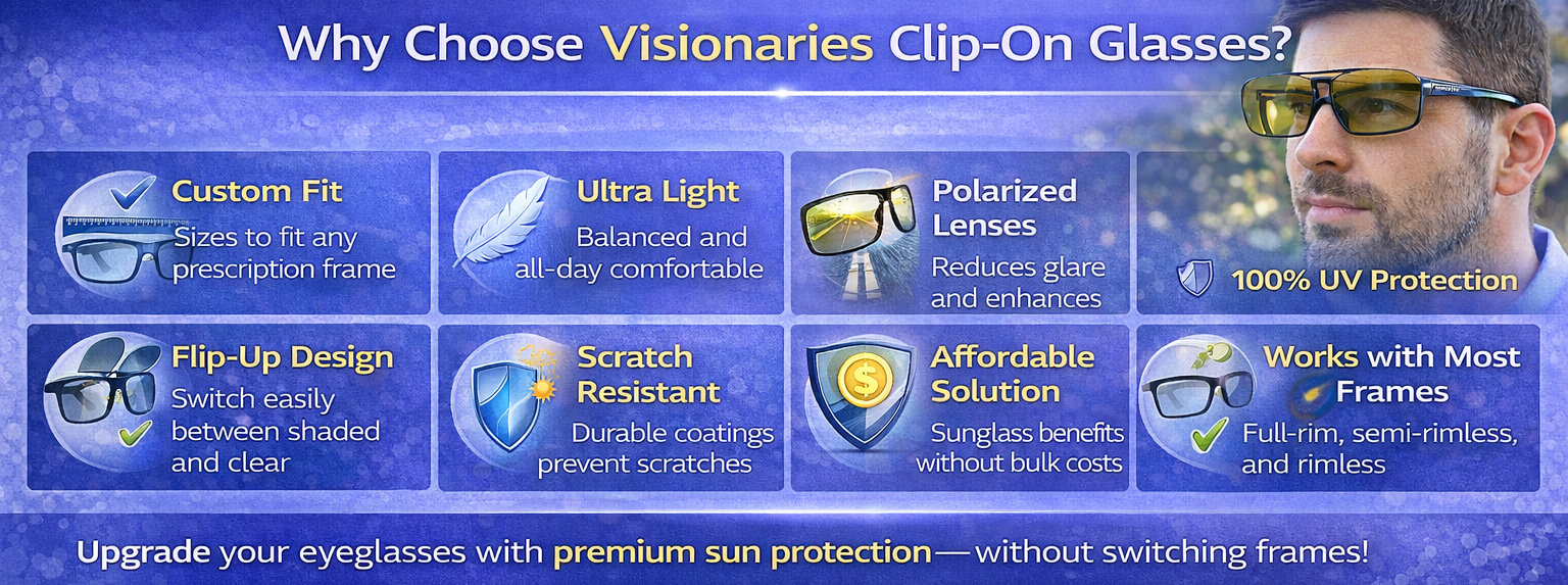 Visionaries clip on glasses